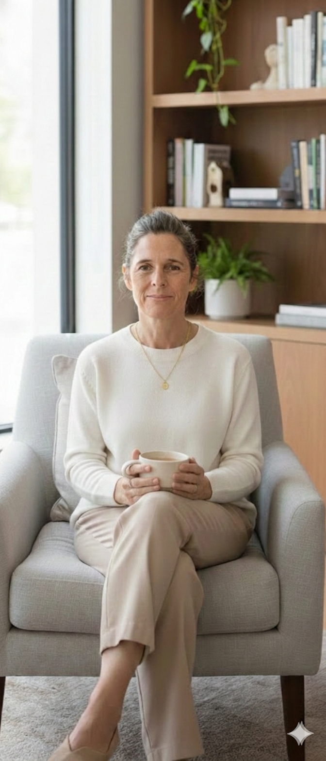 Roni Kahana Zweig, PhD., psychotherapist, seated in a calm therapy space