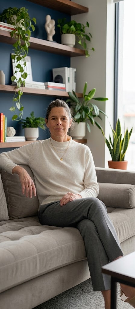 Roni in her therapy practice, a warm and welcoming space with plants