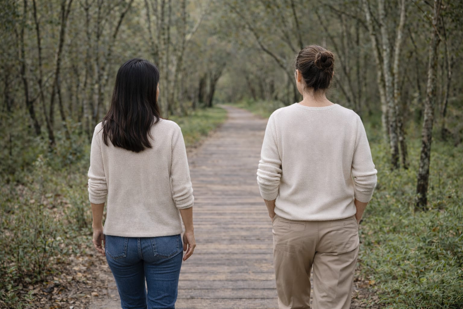 Two people walking together along a wooden boardwalk through a peaceful birch forest